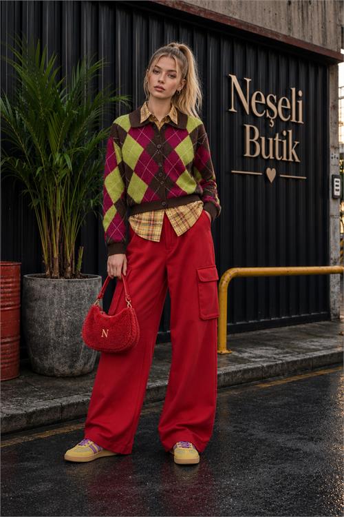 Neşeli butik kadın kırmızı kolej tarzı baklava desenli düğmeli triko hırka NBHT06 