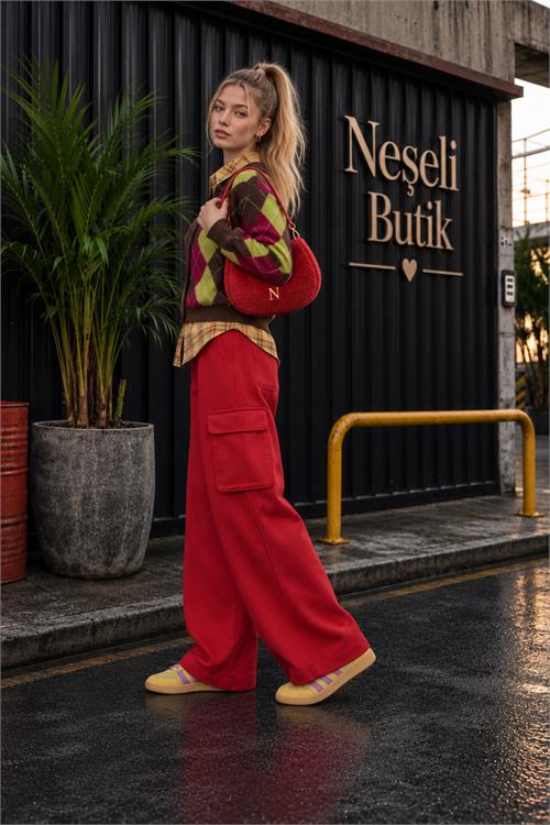 Neşeli butik kadın kırmızı kolej tarzı baklava desenli düğmeli triko hırka NBHT06 
