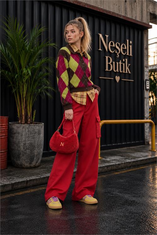 Neşeli butik kadın kırmızı kolej tarzı baklava desenli düğmeli triko hırka NBHT06 