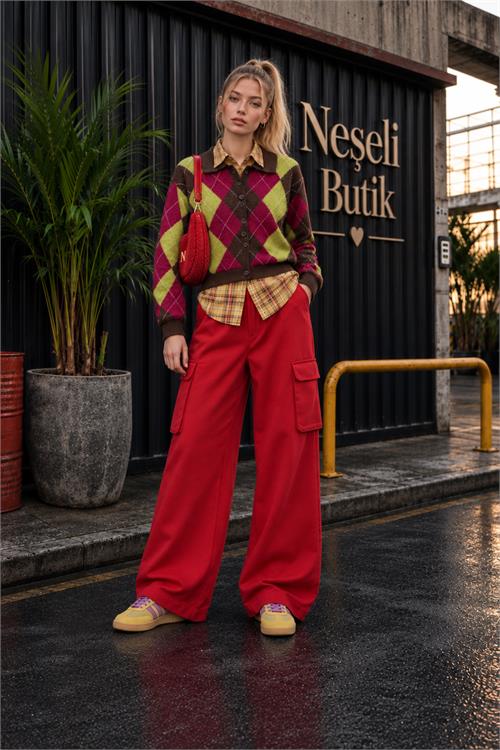 Neşeli butik kadın kırmızı kolej tarzı baklava desenli düğmeli triko hırka NBHT06 