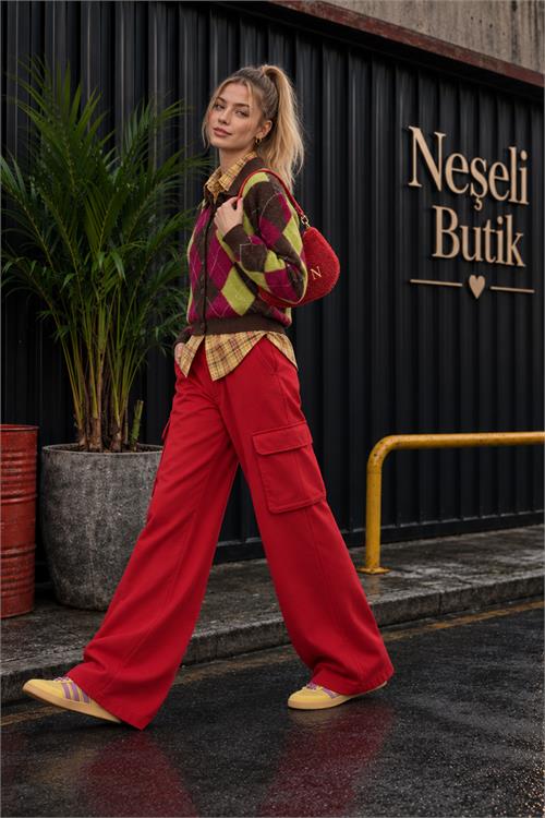 Neşeli butik kadın kırmızı kolej tarzı baklava desenli düğmeli triko hırka NBHT06 