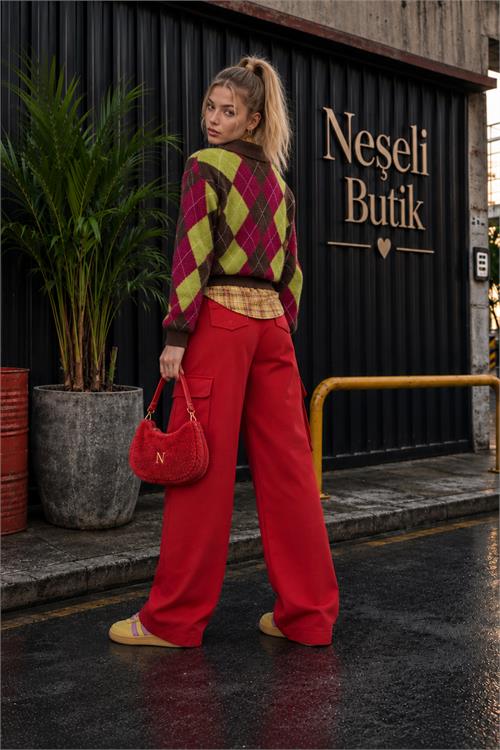 Neşeli butik kadın kırmızı kolej tarzı baklava desenli düğmeli triko hırka NBHT06 