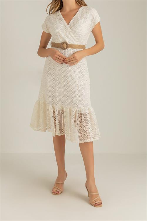 Neşeli butik kadın ekru hasır kemerli dantel elbise DK0001 