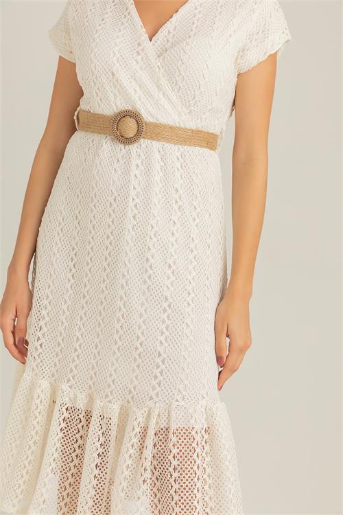 Neşeli butik kadın ekru hasır kemerli dantel elbise DK0001 