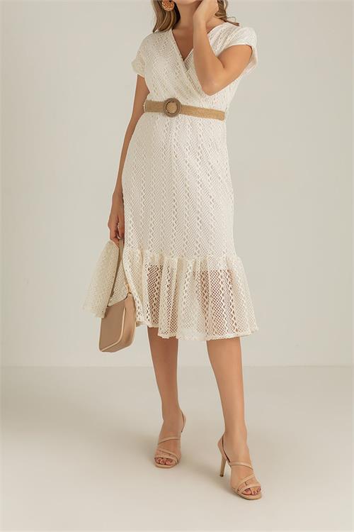 Neşeli butik kadın ekru hasır kemerli dantel elbise DK0001 