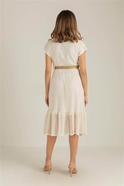 Neşeli butik kadın ekru hasır kemerli dantel elbise DK0001 