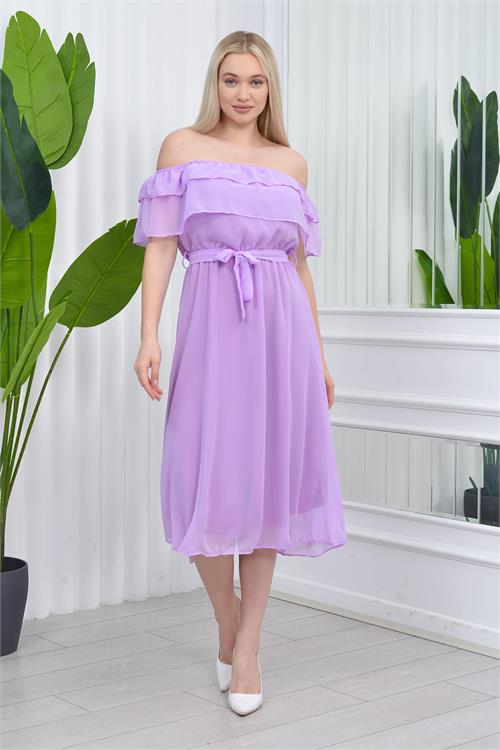 Neşeli butik kadın madonna yaka kuşaklı şifon elbise NB8060 - Lila 