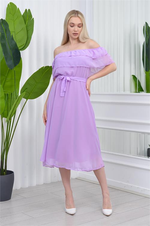 Neşeli butik kadın madonna yaka kuşaklı şifon elbise NB8060 - Lila 