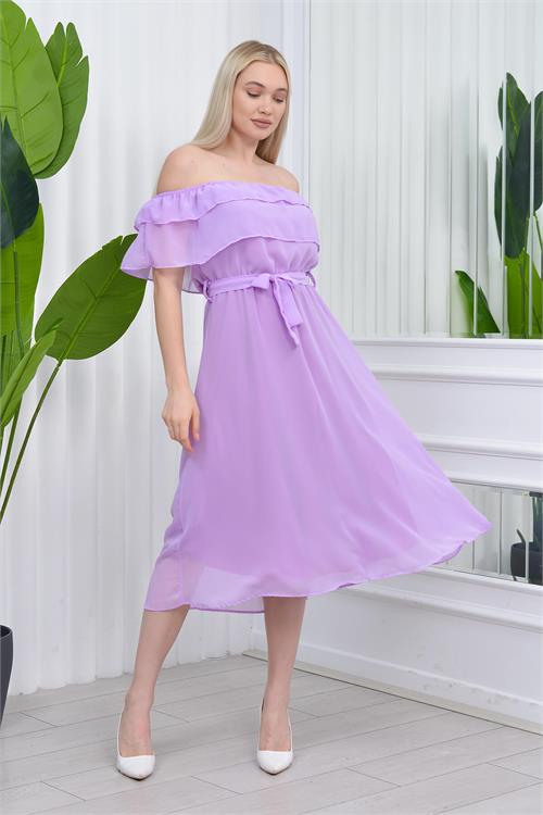 Neşeli butik kadın madonna yaka kuşaklı şifon elbise NB8060 - Lila 