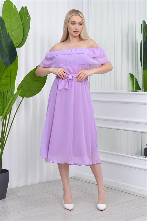 Neşeli butik kadın madonna yaka kuşaklı şifon elbise NB8060 - Lila 