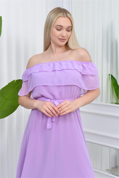 Neşeli butik kadın madonna yaka kuşaklı şifon elbise NB8060 - Lila 
