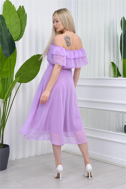 Neşeli butik kadın madonna yaka kuşaklı şifon elbise NB8060 - Lila 