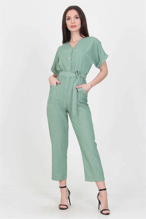 Neşeli Butik Kadın V Yaka Düğme Detaylı Tulum NB7068 