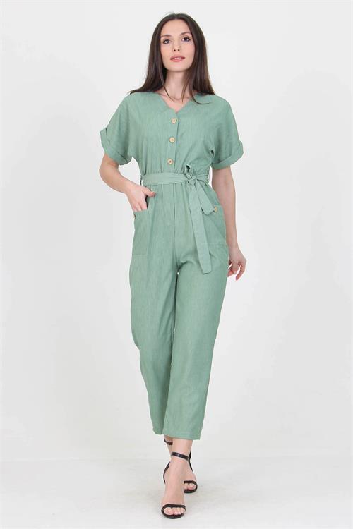 Neşeli Butik Kadın V Yaka Düğme Detaylı Tulum NB7068 