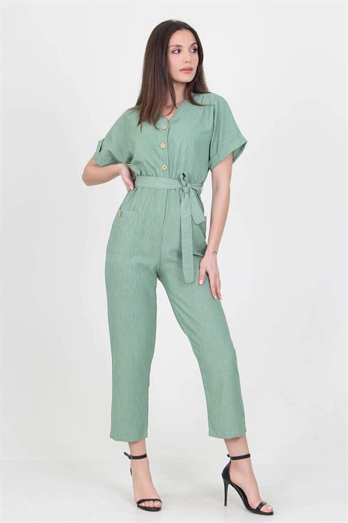 Neşeli Butik Kadın V Yaka Düğme Detaylı Tulum NB7068 