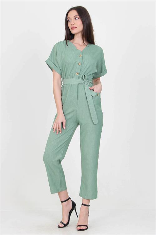 Neşeli Butik Kadın V Yaka Düğme Detaylı Tulum NB7068 