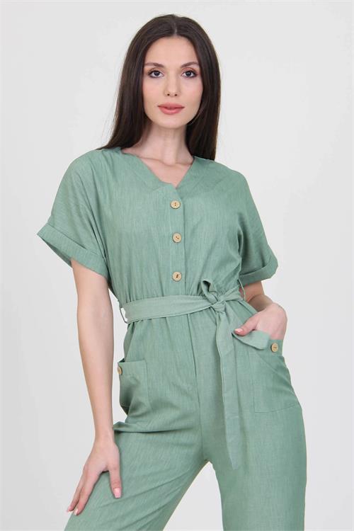 Neşeli Butik Kadın V Yaka Düğme Detaylı Tulum NB7068 