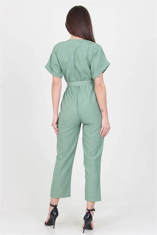Neşeli Butik Kadın V Yaka Düğme Detaylı Tulum NB7068 