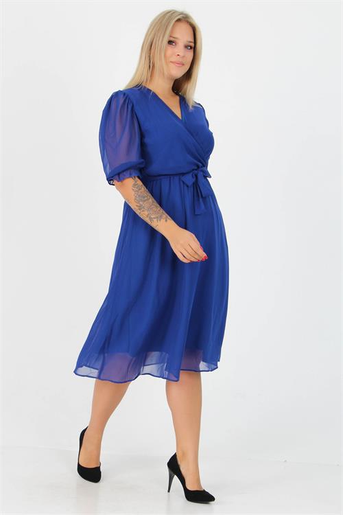 Neşeli butik kadın kruvaze yaka midi boy büyük beden şifon elbise NB8062 