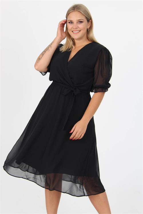 Neşeli butik kadın kruvaze yaka midi boy büyük beden şifon elbise NB8062 