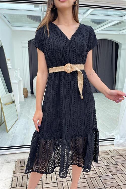 Neşeli butik kadın siyah hasır kemerli dantel elbise DK0001 