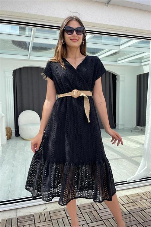 Neşeli butik kadın siyah hasır kemerli dantel elbise DK0001 