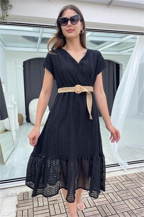 Neşeli butik kadın siyah hasır kemerli dantel elbise DK0001 
