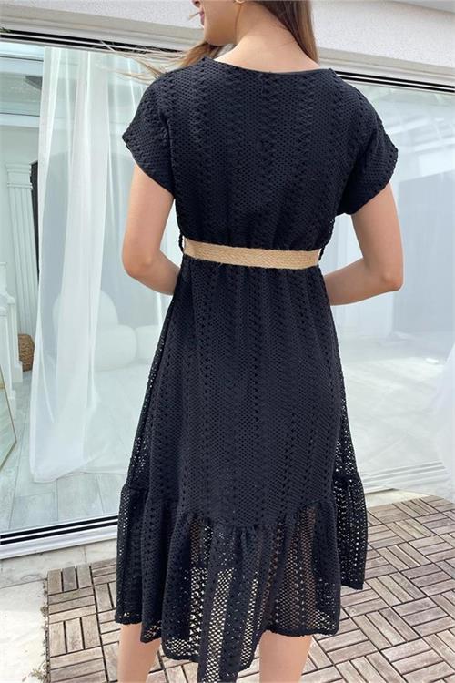 Neşeli butik kadın siyah hasır kemerli dantel elbise DK0001 