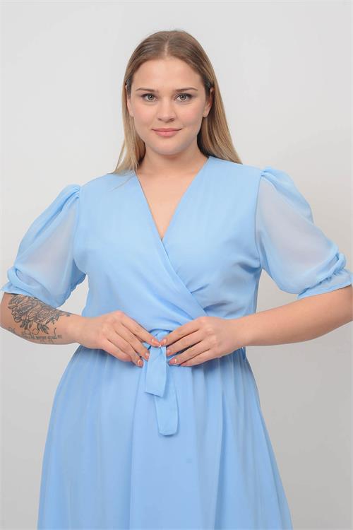 Neşeli butik kadın bebe mavisi kruvaze yaka büyük beden şifon elbise NB8062 