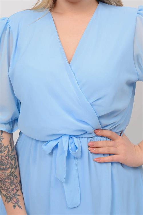 Neşeli butik kadın bebe mavisi kruvaze yaka büyük beden şifon elbise NB8062 