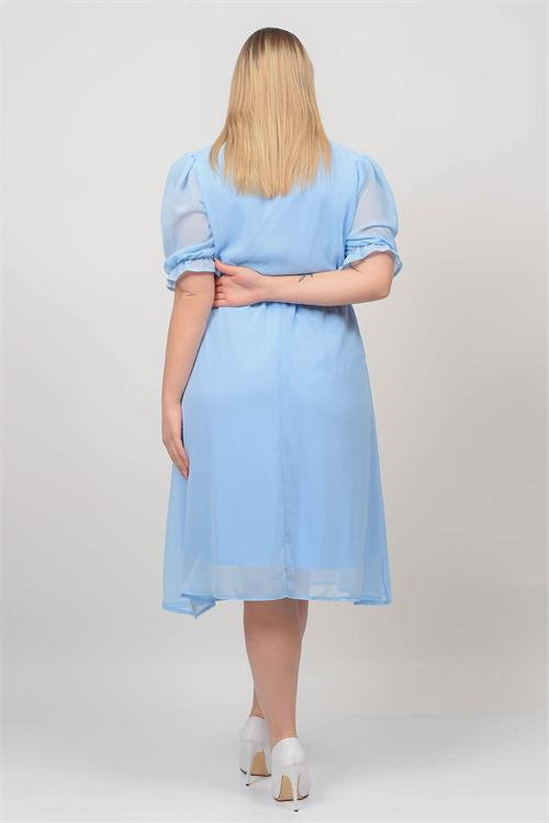 Neşeli butik kadın bebe mavisi kruvaze yaka büyük beden şifon elbise NB8062 