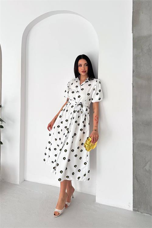 Neşeli butik kadın beyaz gömlek yaka balon kol çiçek baskılı yazlık midi elbise -----NBK4617 