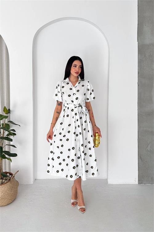 Neşeli butik kadın beyaz gömlek yaka balon kol çiçek baskılı yazlık midi elbise -----NBK4617 