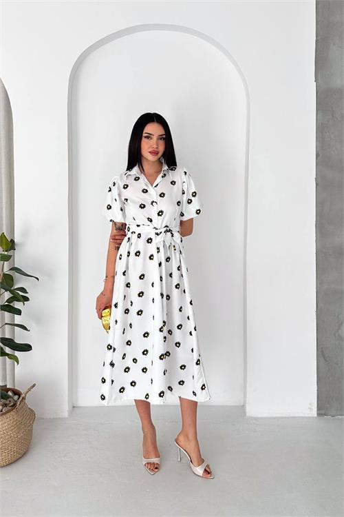 Neşeli butik kadın beyaz gömlek yaka balon kol çiçek baskılı yazlık midi elbise -----NBK4617 