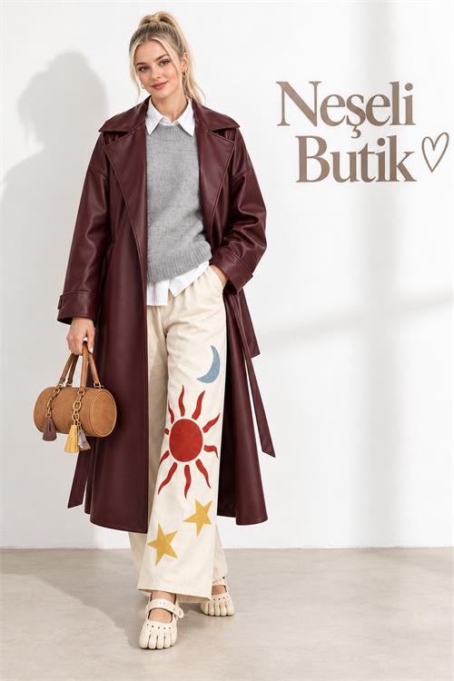 Neşeli butik kadın bordo kol detaylı tam boy suni deri kuşaklı premium trençkot NBELV01 