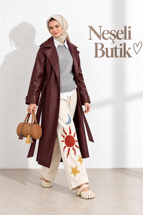 Neşeli butik kadın bordo kol detaylı tam boy suni deri kuşaklı premium trençkot NBELV01 