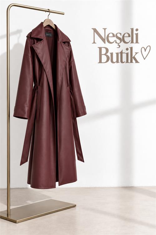 Neşeli butik kadın bordo kol detaylı tam boy suni deri kuşaklı premium trençkot NBELV01 