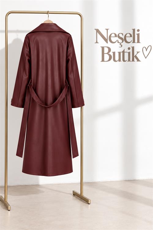 Neşeli butik kadın bordo kol detaylı tam boy suni deri kuşaklı premium trençkot NBELV01 