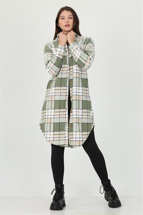 Neşeli Butik Kadın Düğme Detaylı Kışlık Polar Uzun Tunik Gömlek NB7190 