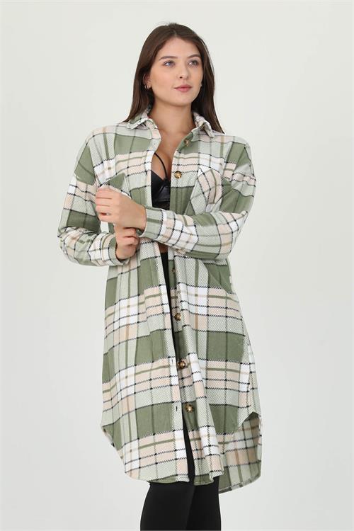 Neşeli Butik Kadın Düğme Detaylı Kışlık Polar Uzun Tunik Gömlek NB7190 