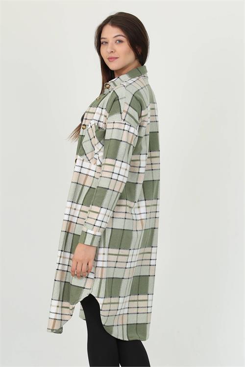 Neşeli Butik Kadın Düğme Detaylı Kışlık Polar Uzun Tunik Gömlek NB7190 