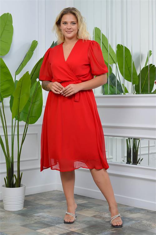 Neşeli butik kadın kruvaze yaka midi boy büyük beden şifon elbise NB8062 