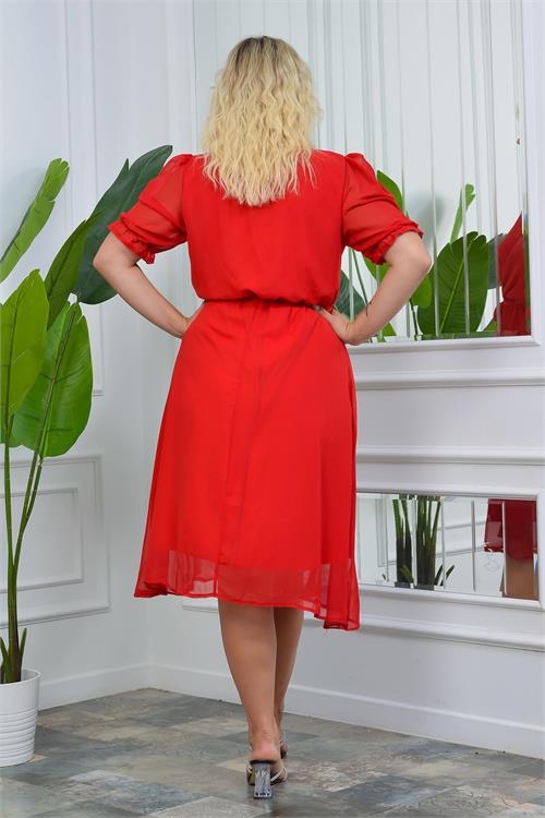 Neşeli butik kadın kruvaze yaka midi boy büyük beden şifon elbise NB8062 