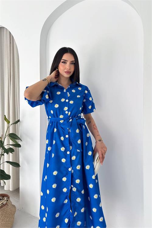 Neşeli butik kadın mavi gömlek yaka balon kol çiçek baskılı yazlık midi elbise -----NBK4617 