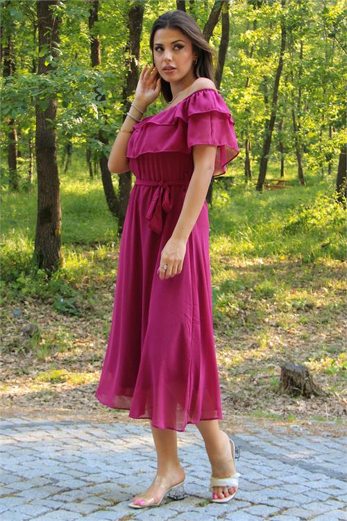 Neşeli Butik Kadın bağlama detaylı madonna yaka yeni sezon şifon elbise NB8060 