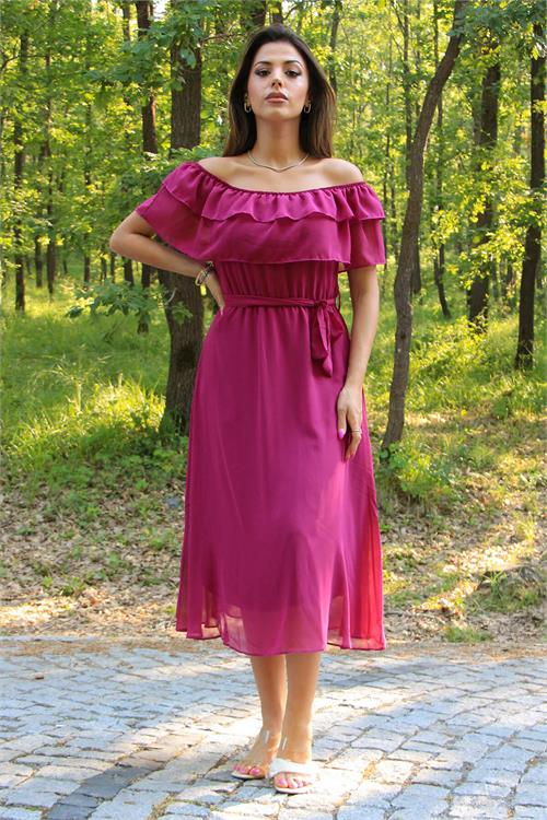 Neşeli Butik Kadın bağlama detaylı madonna yaka yeni sezon şifon elbise NB8060 
