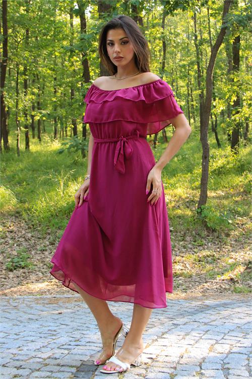 Neşeli Butik Kadın bağlama detaylı madonna yaka yeni sezon şifon elbise NB8060 