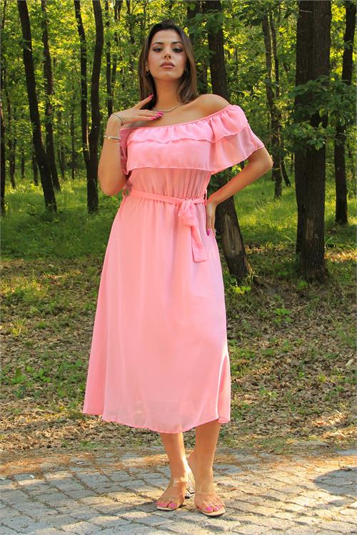 Neşeli butik kadın pembe kuşaklı madonna yaka baby shower elbise NB8060 