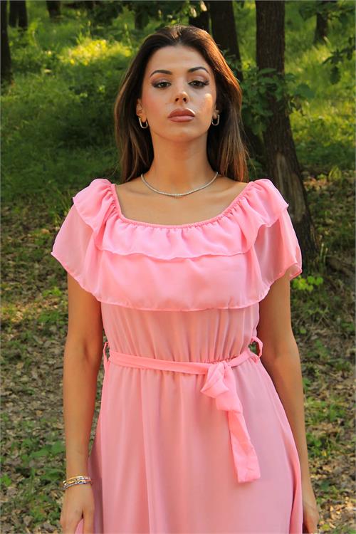 Neşeli butik kadın pembe kuşaklı madonna yaka baby shower elbise NB8060 