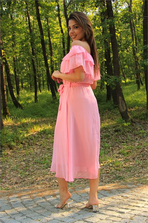 Neşeli butik kadın pembe kuşaklı madonna yaka baby shower elbise NB8060 